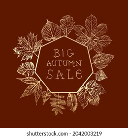 Autumn Sale Inverted Heptagonal Logo with Maple Hazel Oak Sycamore and Other Fall Leaves Retro Advertisment Print Style Composition Template - Gold on Brown Background - Vector Hand Drawn Design