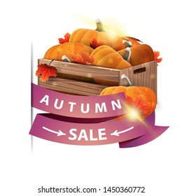 Autumn sale, isolated web banner with ribbon, wooden crates of ripe pumpkins and autumn eaves