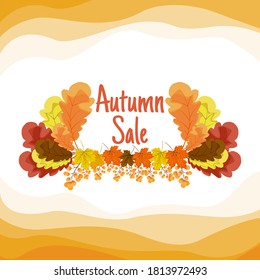 Autumn sale label Maple leaves and golden oak leaves arranged in bunches, fall concept