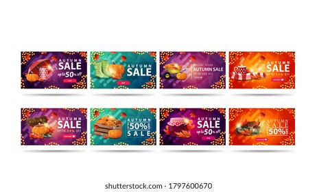 Autumn sale, large collection of autumn discount banners with falling maple leaves, garland frame, buttons, liquid shapes, polygonal texture and autumn elements