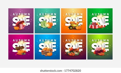 Autumn sale, large collection of square discount banners with 3D text and autumn elements. Green, orange, purple, blue and pink autumn discount banners