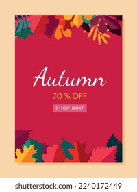 Autumn sale layout. Discounts of 70 percent, special offer, marketing and advertising. Poster or banner for website. Loyalty program and prizes, gifts and surprises. Cartoon flat vector illustration