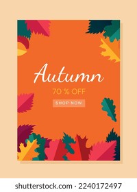 Autumn sale layout. Voucher with colorful leaves. Poster, banner or cover for website. Nature and flora. Special offer, limited. Discounts and promotions online. Cartoon flat vector illustration