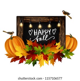 Autumn sale. Autumn leaves are drawn with chalk on a black chalkboard. Sketch, design elements. Vector.