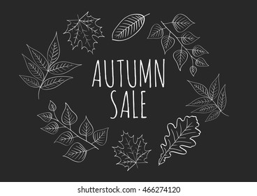 Autumn sale. Autumn leaves are drawn with chalk on a black chalkboard. Sketch, design elements. Vector.