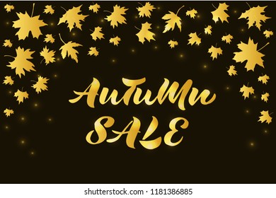 Autumn Sale lettering  for advertising, shops, boutiques, markets, sales. Golden lettering with lights on festivity background. For banner, flyer, invitation, poster, web site or greeting card.