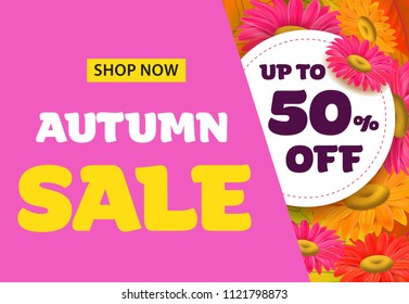 Autumn sale lettering with flowers. Autumn offer or sale advertising design. Typed text, calligraphy. For leaflets, brochures, invitations, posters or banners.