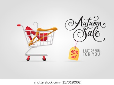 Autumn sale lettering with hanger and shoe in shopping cart. Autumn offer or sale advertising design. Handwritten and typed text, calligraphy. For leaflets, brochures, invitations, posters or banners.