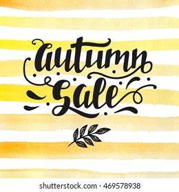 Autumn sale lettering, modern calligraphy. Fall discount concept. Banner, poster, flyer typographic design in retro style. Watercolor brush strokes background. Vector illustration