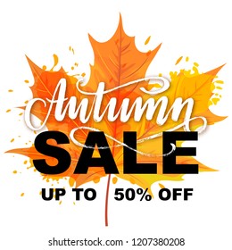 Autumn Sale lettering on a bright autumn leaf background. Vector illustration.