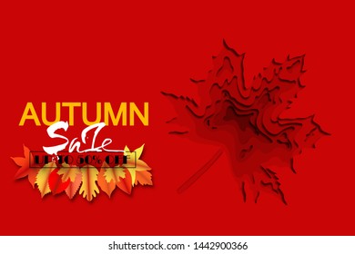 "Autumn sale" lettering on a red gradient maple leaf background layered effect in paper cut style. Yellow orange red leaves with shadow. Vector illustration Banner, Flyer, Poster, For Advertising, AD.