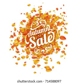 Autumn sale lettering on swirling leaves background. Vector illustration.
