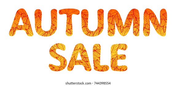 Autumn sale lettering. Orange text with contour of leaves isolated on white background. Vector illustration