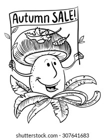 Autumn sale Lettering. Shopping design element with smiling mushroom and banner with falling leaves. Vector illustration for market sales, labels, tags in line art doodle style