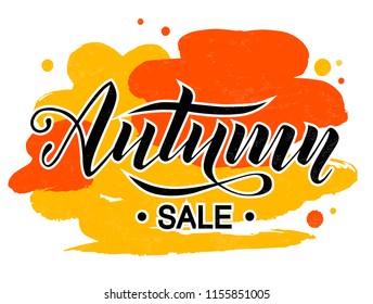 Autumn sale lettering text on white background with stains layout decorate for shopping sale or poster, logo, card, banner and frame leaflet or web banner. Vector calligraphy illustration template.