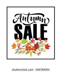 Autumn sale lettering typography. Cold season discount calligraphy. Vector illustration on the textured background as wholesale poster, postcard, card, invitation template. Concept  advertising