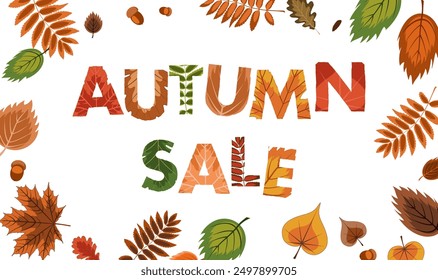 autumn sale, letters made of autumn leaves, framed by bright fallen leaves. vector illustration for banner, background, advertisement isolated on white