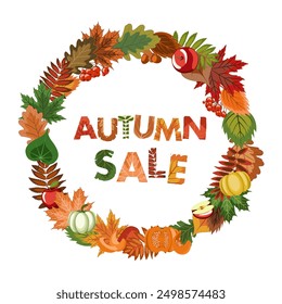 autumn sale, letters made of autumn leaves, framed by a wreath of fallen leaves, pumpkins, apples and rowan berries. vector illustration for banner, background, advertisement, isolated on a white