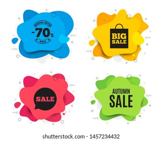 Autumn Sale. Liquid shape, various colors. Special offer price sign. Advertising Discounts symbol. Geometric vector banner. Autumn sale text. Gradient shape badge. Vector