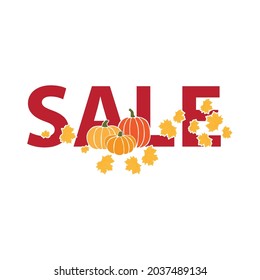 Autumn sale with little pumpkin and leaves, vector artwork