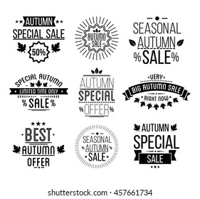 Autumn sale Logotypes set. Special offer  badges, labels, ribbons, elements, leaves, banners.  Vector Illustration.