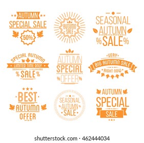 Autumn sale Logotypes set. Special offer badges and labels, ribbons or elements with leaves, banners. Vector Illustration.