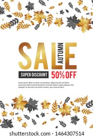 Autumn Sale. Luxurious advertising banner with golden season falling leaves.