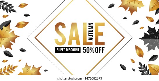 Autumn Sale. Luxurious advertising banner with golden season falling leaves.