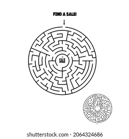 Autumn sale. A marketing ploy. Maze game find your sale. Vector puzzle on the theme of autumn discounts.