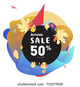 Autumn sale Memphis fluid style web banner. Fashion and travel discount poster. Vector holiday Abstract colorful illustration with special offer and promotion.