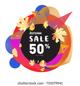 Autumn sale Memphis fluid style web banner. Fashion and travel discount poster. Vector holiday Abstract colorful illustration with special offer and promotion.