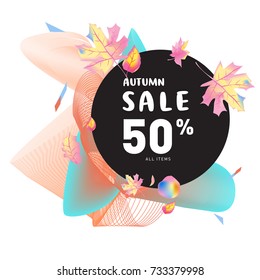 Autumn sale Memphis fluid style web banner. Fashion and travel discount poster. Vector holiday Abstract colorful illustration with special offer and promotion.