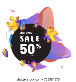 Autumn sale Memphis fluid style web banner. Fashion and travel discount poster. Vector holiday Abstract colorful illustration with special offer and promotion.
