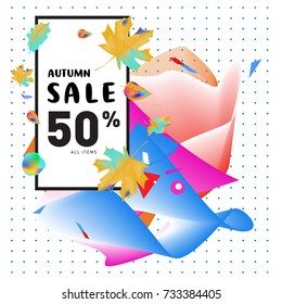Autumn sale Memphis fluid style web banner. Fashion and travel discount poster. Vector holiday Abstract colorful illustration with special offer and promotion.