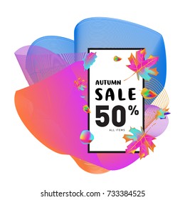 Autumn sale Memphis fluid style web banner. Fashion and travel discount poster. Vector holiday Abstract colorful illustration with special offer and promotion.