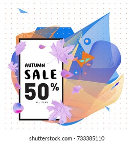 Autumn sale Memphis fluid style web banner. Fashion and travel discount poster. Vector holiday Abstract colorful illustration with special offer and promotion.