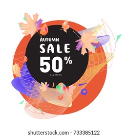 Autumn sale Memphis fluid style web banner. Fashion and travel discount poster. Vector holiday Abstract colorful illustration with special offer and promotion.