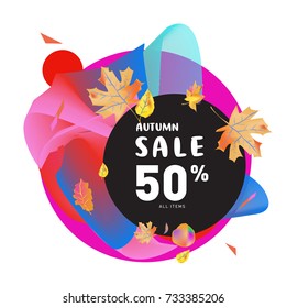 Autumn sale Memphis fluid style web banner. Fashion and travel discount poster. Vector holiday Abstract colorful illustration with special offer and promotion.