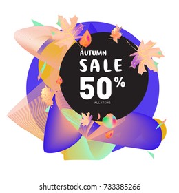 Autumn sale Memphis fluid style web banner. Fashion and travel discount poster. Vector holiday Abstract colorful illustration with special offer and promotion.