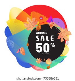 Autumn sale Memphis fluid style web banner. Fashion and travel discount poster. Vector holiday Abstract colorful illustration with special offer and promotion.