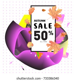 Autumn sale Memphis fluid style web banner. Fashion and travel discount poster. Vector holiday Abstract colorful illustration with special offer and promotion.