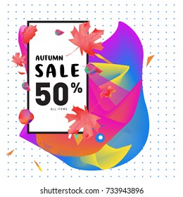 Autumn sale memphis liquid style web banner. Fashion and travel discount poster. Vector holiday Abstract colorful illustration with special offer and promotion.