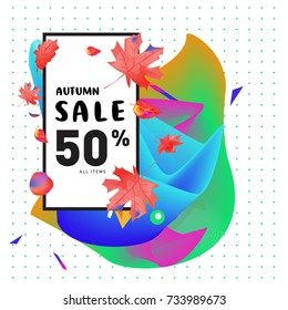 Autumn sale memphis liquid style web banner. Fashion and travel discount poster. Vector holiday Abstract colorful illustration with special offer and promotion.