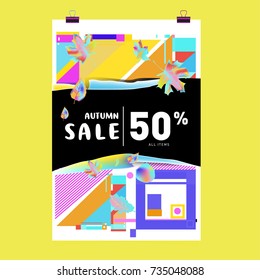 Autumn sale memphis style poster. Fashion and travel discount banner. Vector holiday Abstract colorful illustration with special offer and promotion.