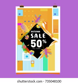 Autumn sale memphis style poster. Fashion and travel discount banner. Vector holiday Abstract colorful illustration with special offer and promotion.