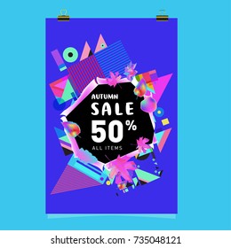 Autumn sale memphis style poster. Fashion and travel discount banner. Vector holiday Abstract colorful illustration with special offer and promotion.