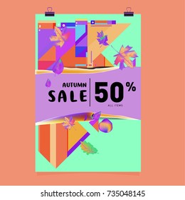 Autumn sale memphis style poster. Fashion and travel discount banner. Vector holiday Abstract colorful illustration with special offer and promotion.