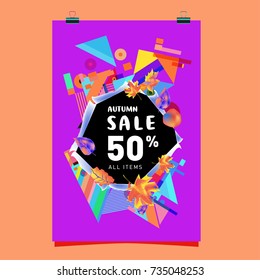 Autumn sale memphis style poster. Fashion and travel discount banner. Vector holiday Abstract colorful illustration with special offer and promotion.