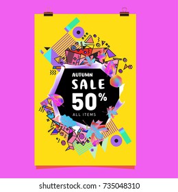 Autumn sale memphis style poster. Fashion and travel discount banner. Vector holiday Abstract colorful illustration with special offer and promotion.