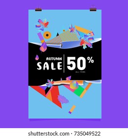 Autumn sale memphis style poster. Fashion and travel discount banner. Vector holiday Abstract colorful illustration with special offer and promotion.